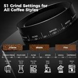 Burr Coffee Grinder Electric Coffee Grinder with 51 Grind Settings Precision Timer Stainless Steel Espresso Grinder with Anti-S